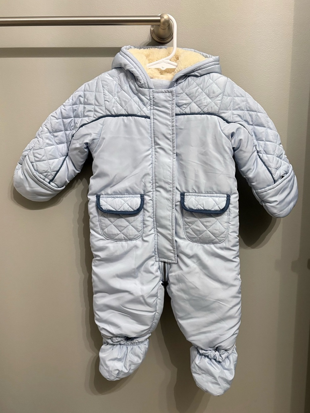 Light blue First Impressions winter hooded one-piece baby bunting snowsuit 6-9M